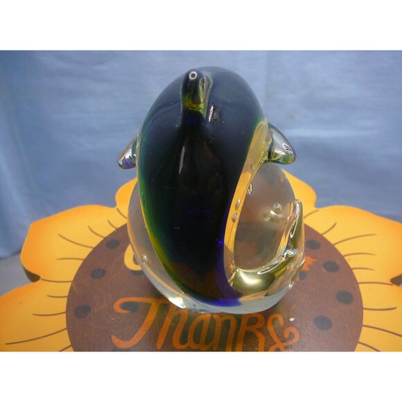 Art Glass Dolphin Blue to Green to Clear Controlled Bubbles Paperweight - Picture 3 of 9
